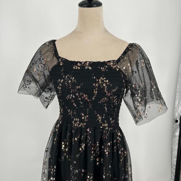 Baltic Born Black & Gold Metallic Floral Cassandra Tulle Maxi Dress Size Small - Picture 5 of 9